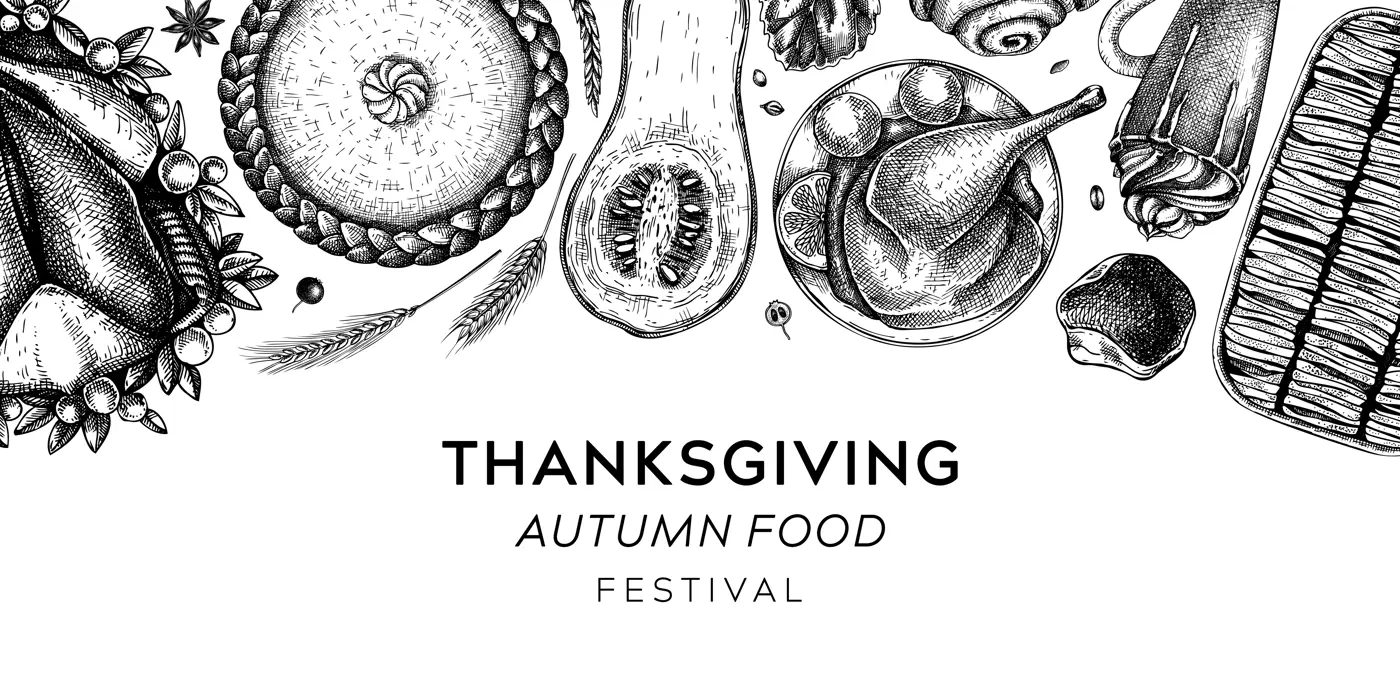 Thanksgiving dinner menu design. Fall food and drinks banner. Sketched roasted turkey, cooked vegetables, baked goods, desserts sketches. Vintage autumn food template. Thanksgiving table background Illustration